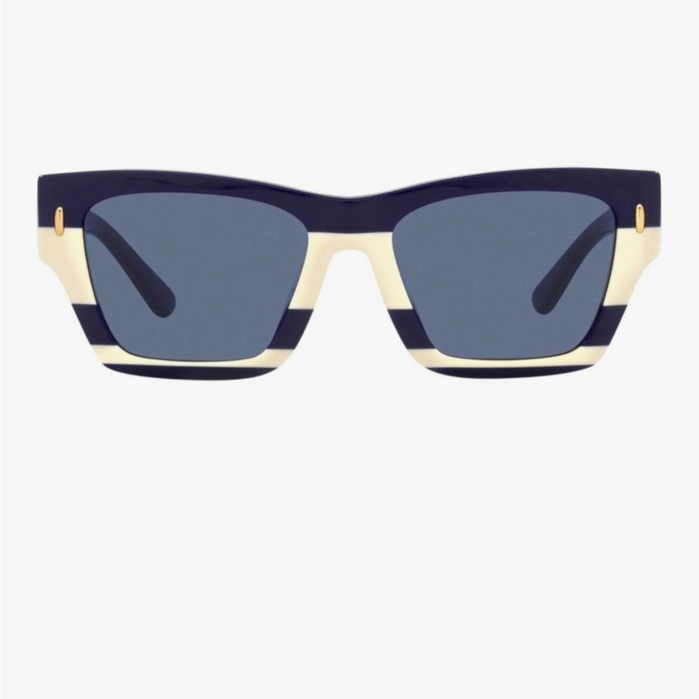 Tory Burch Universal Fit Navy Ivory Vintage Strip Rectangular Sunglasses